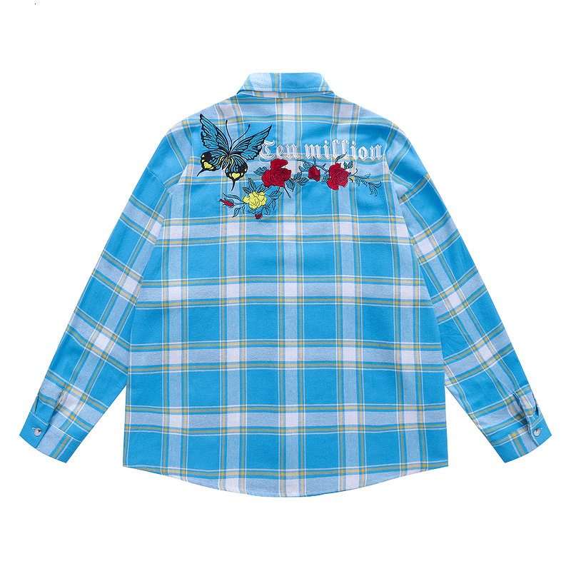 Clothing for Men American Hip-hop Butterfly Embroidery Tassel Shirt Trendy Plaid Long Sleeved Cleanfit Shirt for Men