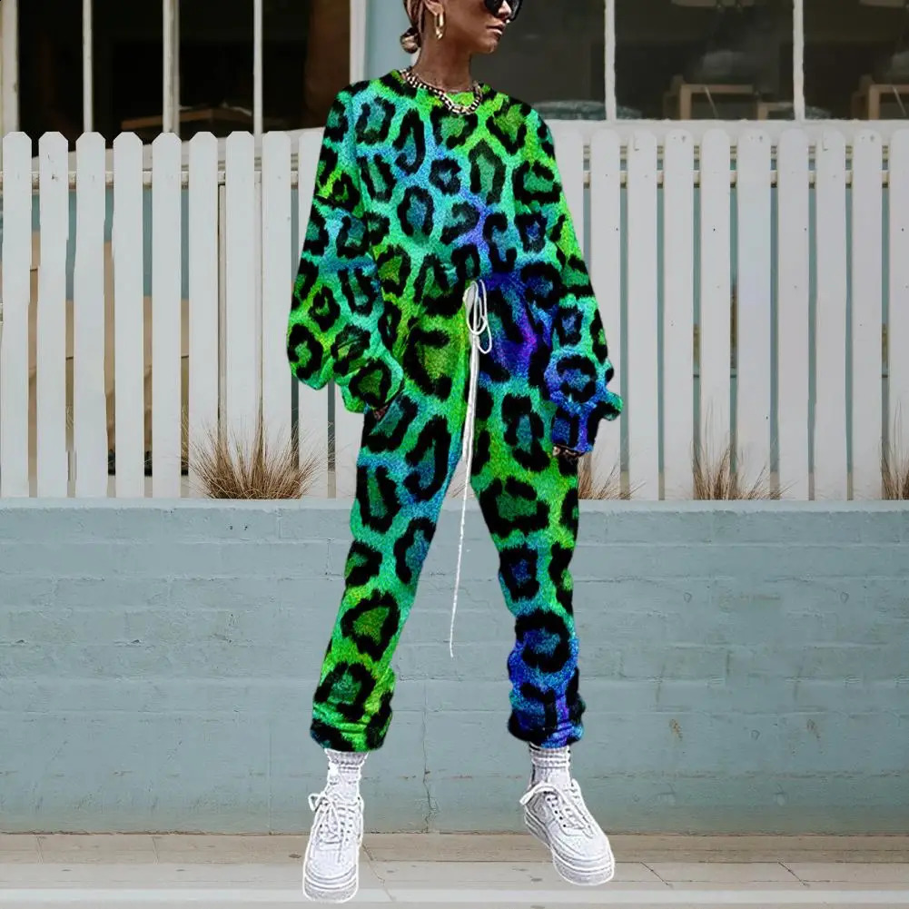2Pcs/Set Stylish Women Tracksuit Washable Women Top Pants Leopard Relaxed Fit 3D Digital Print Outfit Tracksuit Streetwear 240812