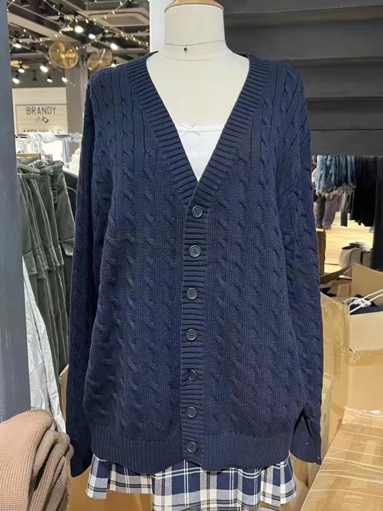 Vintage Loose Twisted Flower Cardigan Autumn Soft Cotton V Neck Casual Button Sweater Top Women Preppy Style Solid Knitted Coats 240812