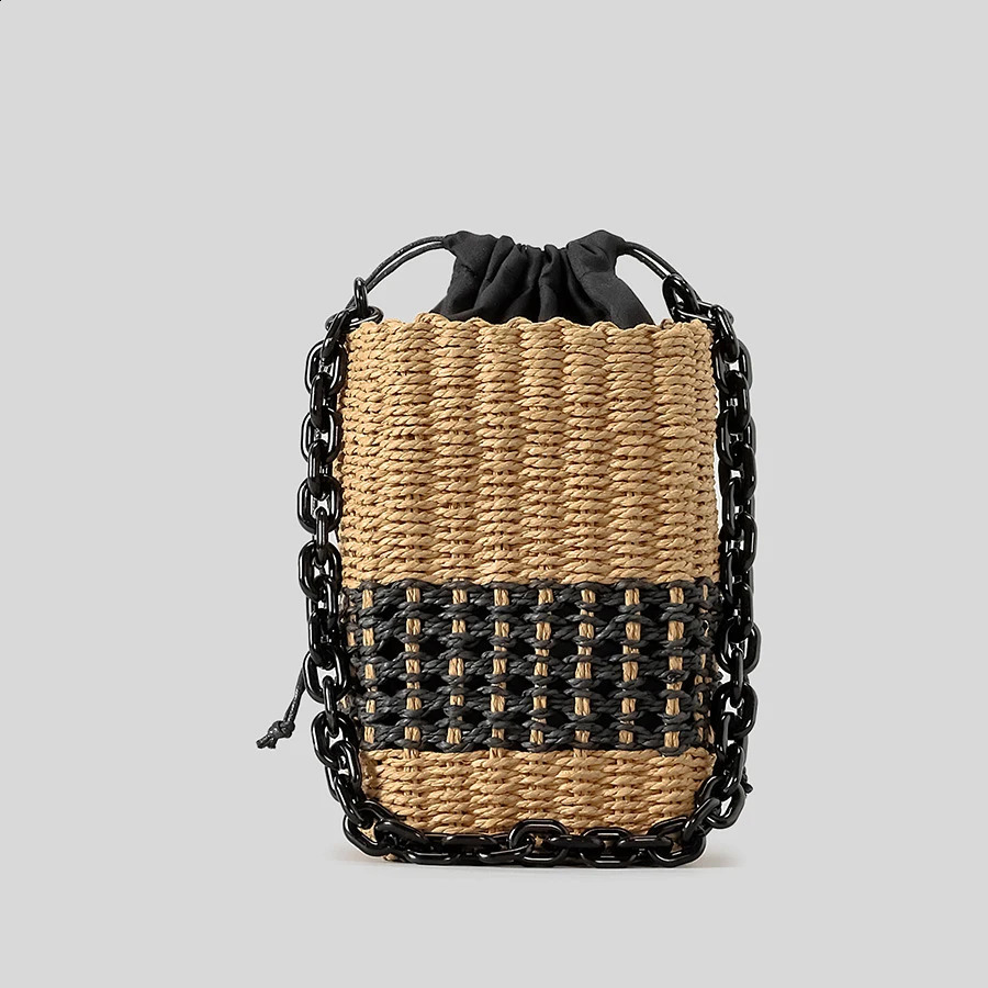 Fashion Acrylic Chains Straw Buckets Bag Woven Women Shoulder Bags Handmade Summer Beach Bag Trend Small Bali Purses 240812