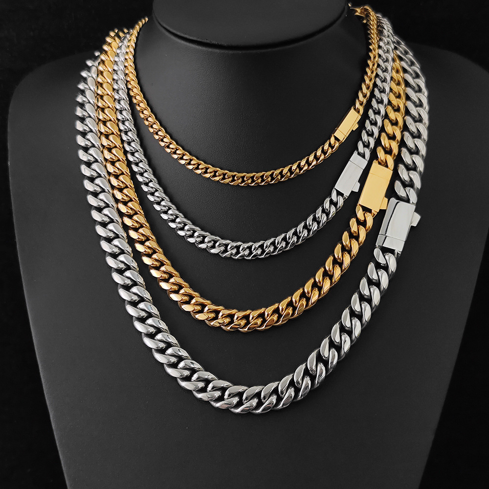 6mm-12mm Hip Hop Stainless Steel Miami Cuban Link Chain Necklace Full 5A Zircon Spring Clasp 18K Gold Plated Accessories Jewelry Set
