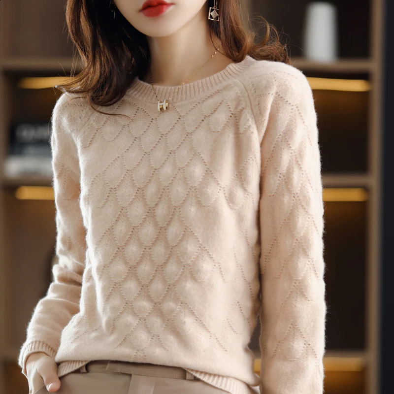 100%Pure Wool/Cashmere Sweater Women O-Neck Knit Large Size Petal Pullover Autumn Winter Thick Long-Sleeve Shirt Female 240812