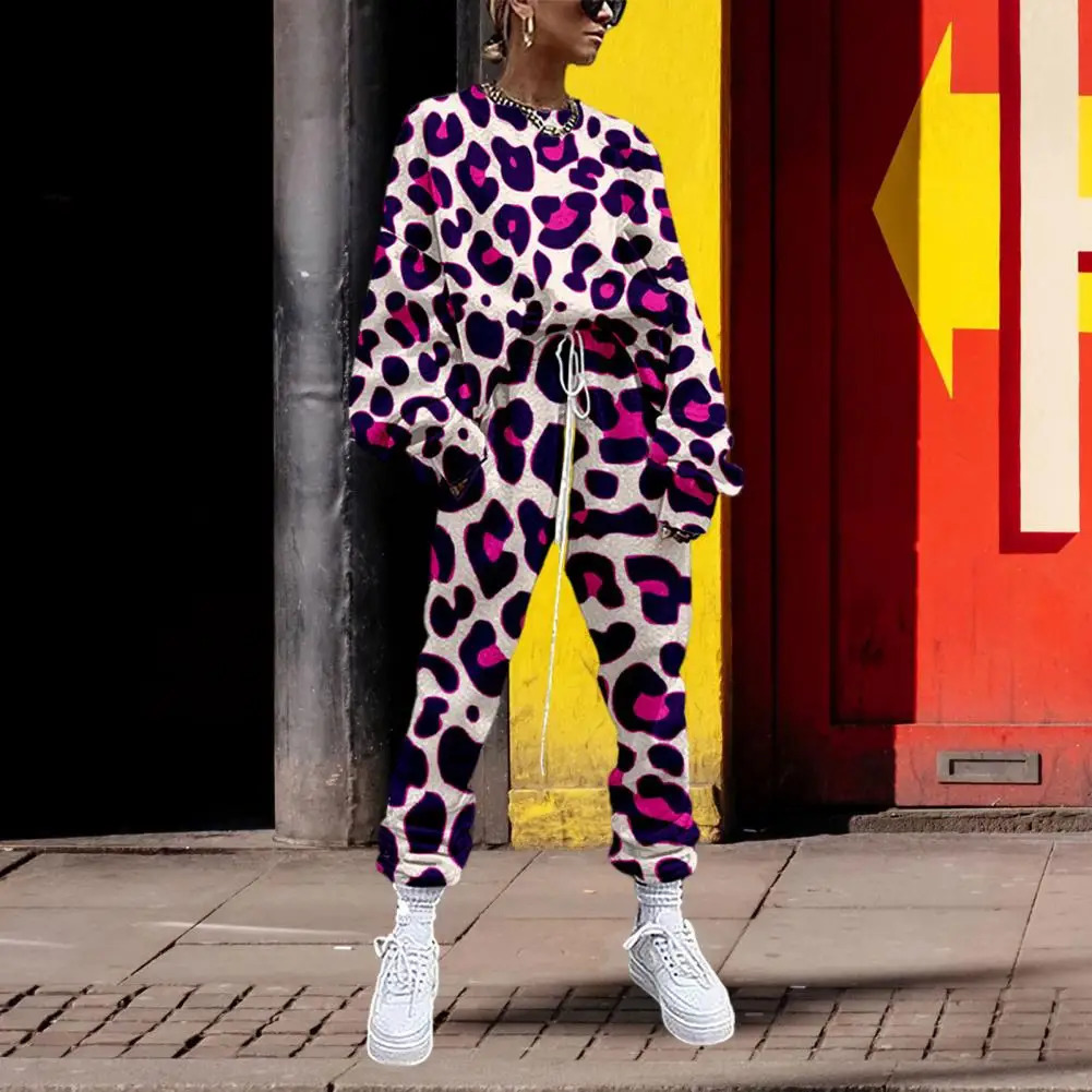 2Pcs/Set Stylish Women Tracksuit Washable Women Top Pants Leopard Relaxed Fit 3D Digital Print Outfit Tracksuit Streetwear 240812