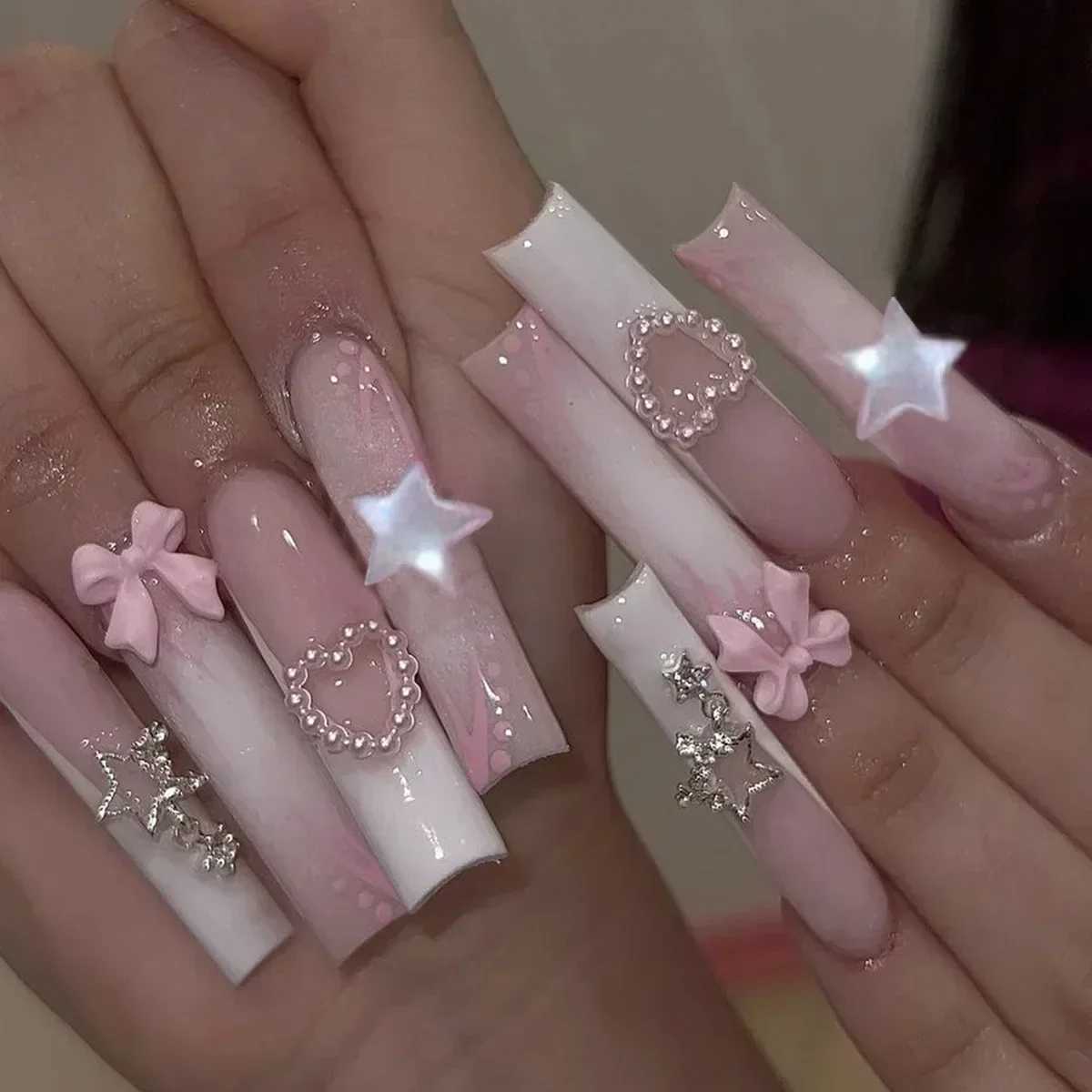 24 pieces of fully covered fake nails with glue rectangular coffin fake nails French detachable ballet troupe love patterns nail design press W240810