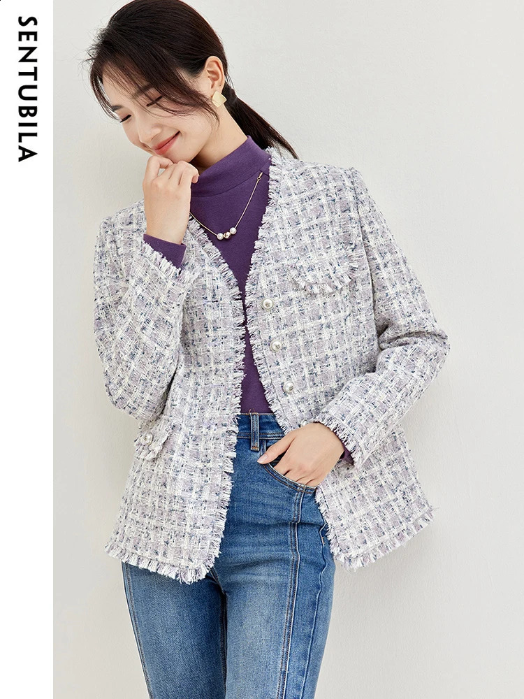 SENTUBILA Winter Tassel Trim Tweed Jackets for Women Elegant Outerwear Purple Plaid Straight-cut Long Sleeve Coats 133W519 240812