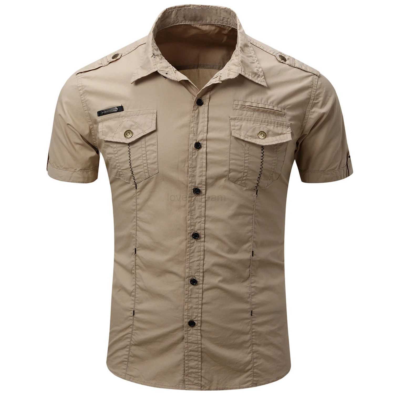 New Fashion 2023 Mens Safari Shirt Short Sleeve Summer Casual Tactical 100% Cotton Cargo Outdoor Pocket Work Shirts for MenXJ240812