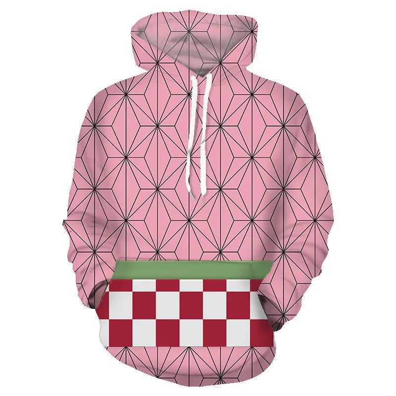 Mens 3D printed anime character hoodie universal green black checkered Kamado Tanjirou Pullover casual 3xl long sleeved sweatshirtW240724