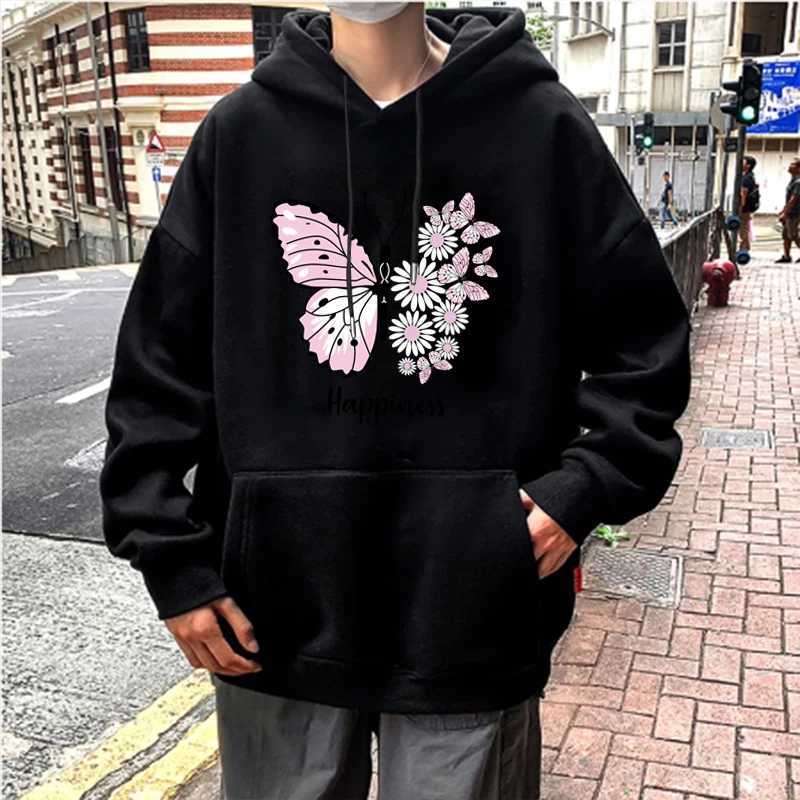 Mens and Womens Unisex Butterfly Print Pullover Casual Hooded Pocket Sweatshirt Black XS-4XLXJ240812