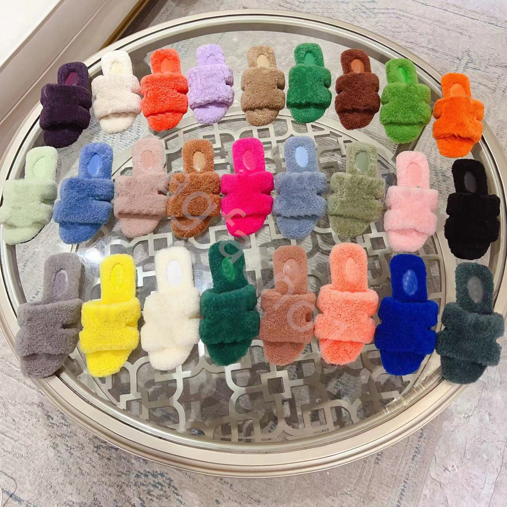 Designer Women Wool Slippers Flat Sheepskin Slides Warm Fluffy Furry Sandal Comfortable Autumn Winter Home Sandals Furs Slipper Black brand shoes size 35-42with bag