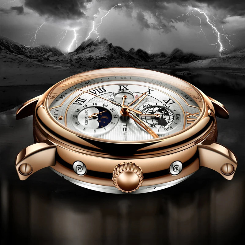 TEVISE Business Waterproof Mens Mechanical Watches Top Leather Watch For Men Moon Phase Automatic Wristwatch 240808