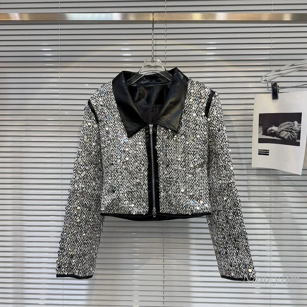 Autumn Coat Classic Style Leather Patchwork Collar Bright Piece Tweed Elegant Socialite Short Coat Jacket for Women 240812