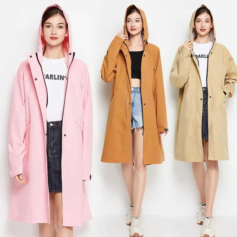 Women Stylish Long Raincoat Waterproof Rain Jacket with Hood Zipper Y240810