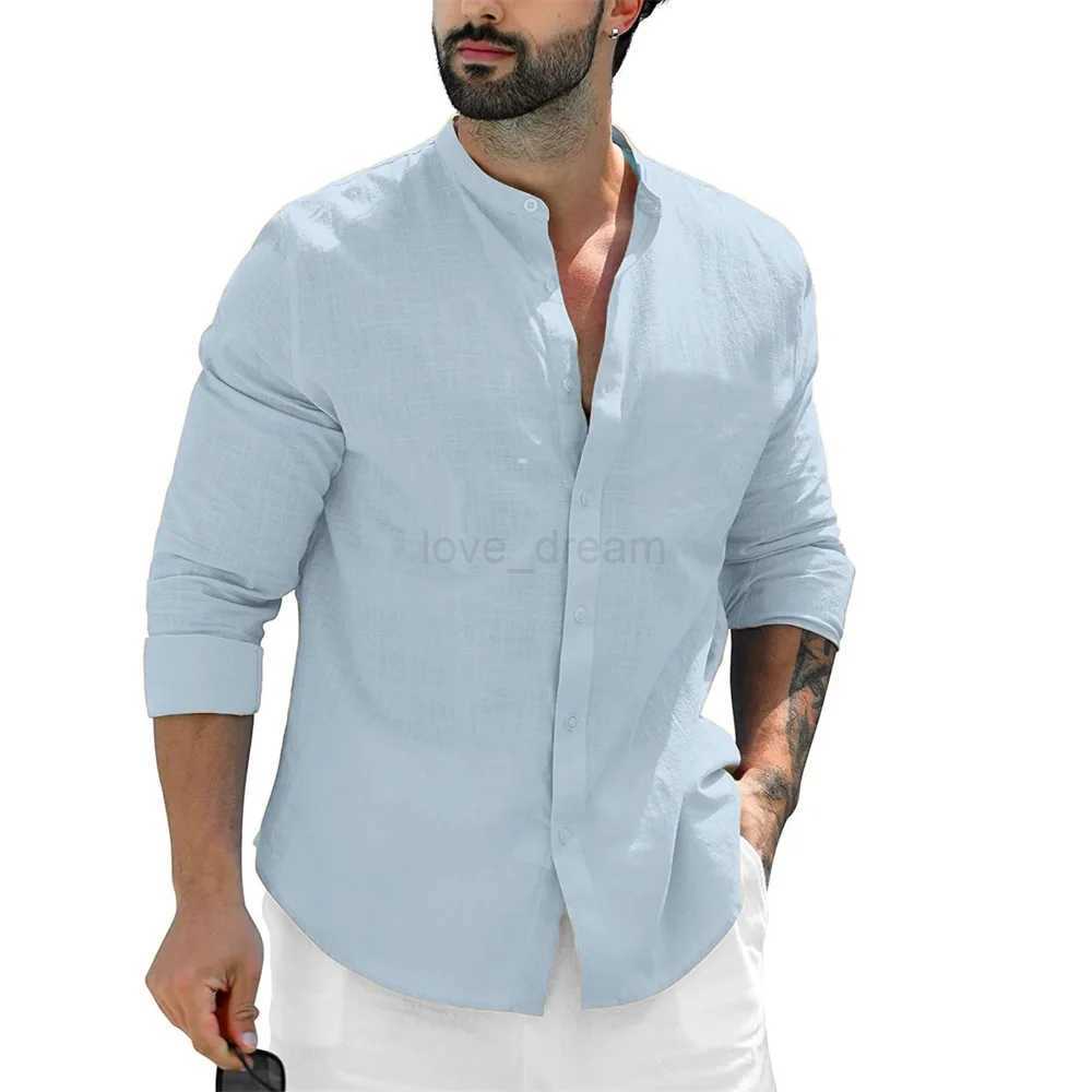 Mens Beach Shirts Casual Long Sleeve Summer Shirt Men Slim Fit Single Breasted Tops Male Stand Collar Cotton LinenXJ240812