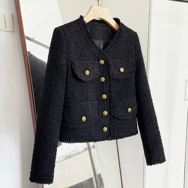 Spring Autumn Womens Jacket Tweed Blazer Vintage Long Sleeve Button Korean Chic Short Coat Black Office Lady Clothing 240812