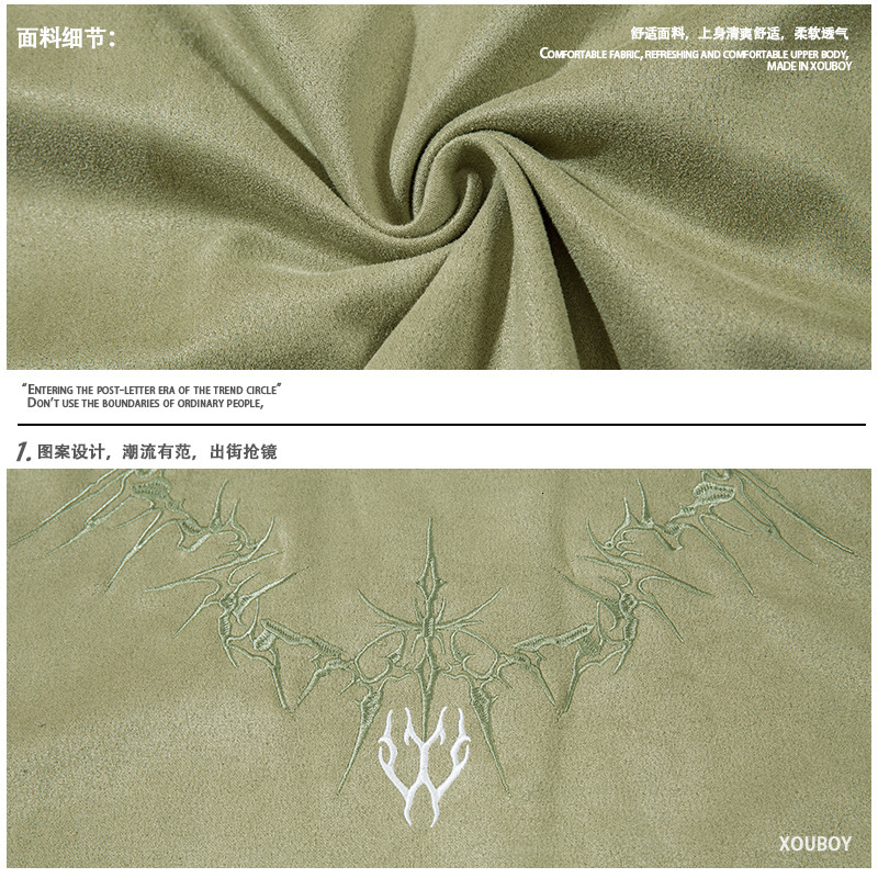 Mens China-chic Style Suede Short Sleeve T-shirt Mens Spring and Summer New Personalized Embroidery Top