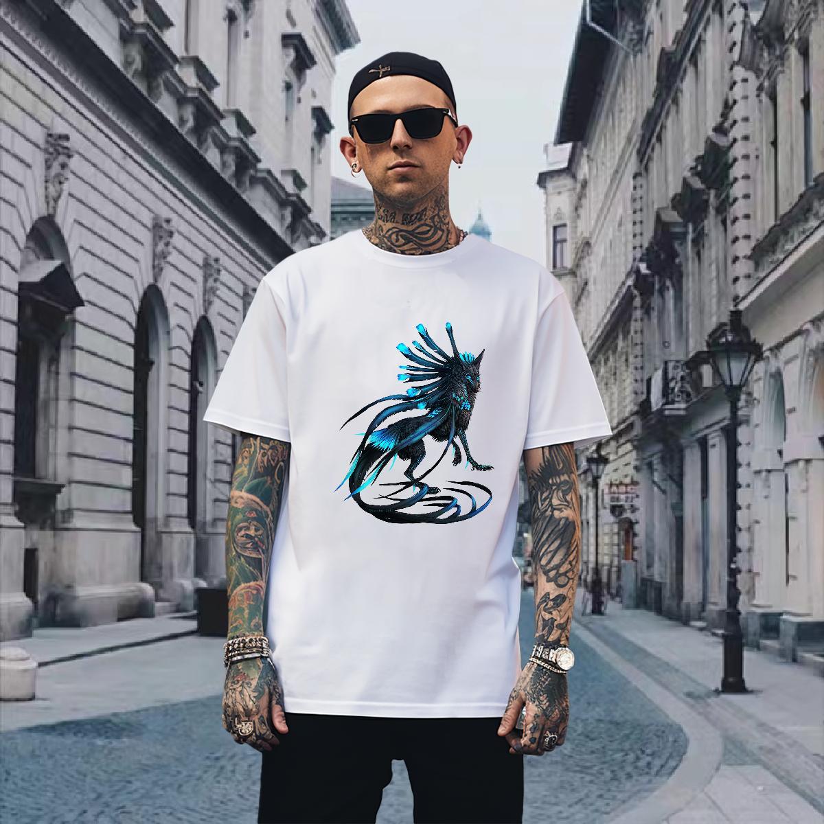 Soft T-Shirts wolf Breathable Short Sleeve Beach Black White 100% Cotton 230g Mens Tshirts 2024 New Clothings