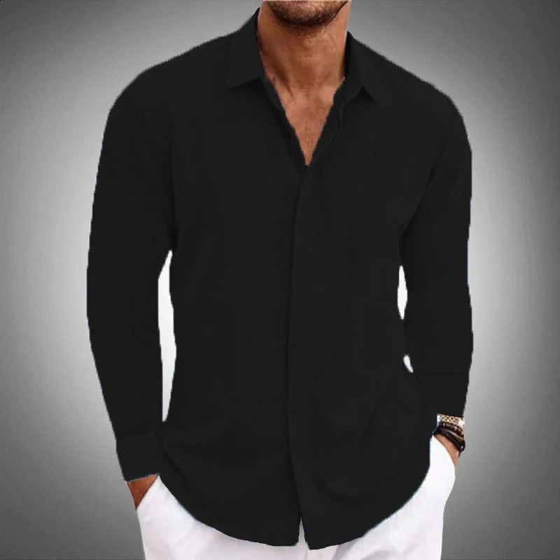 Mens casual Long sleeve shirt solid color lapel hidden button fashion comfortable high street top 240812