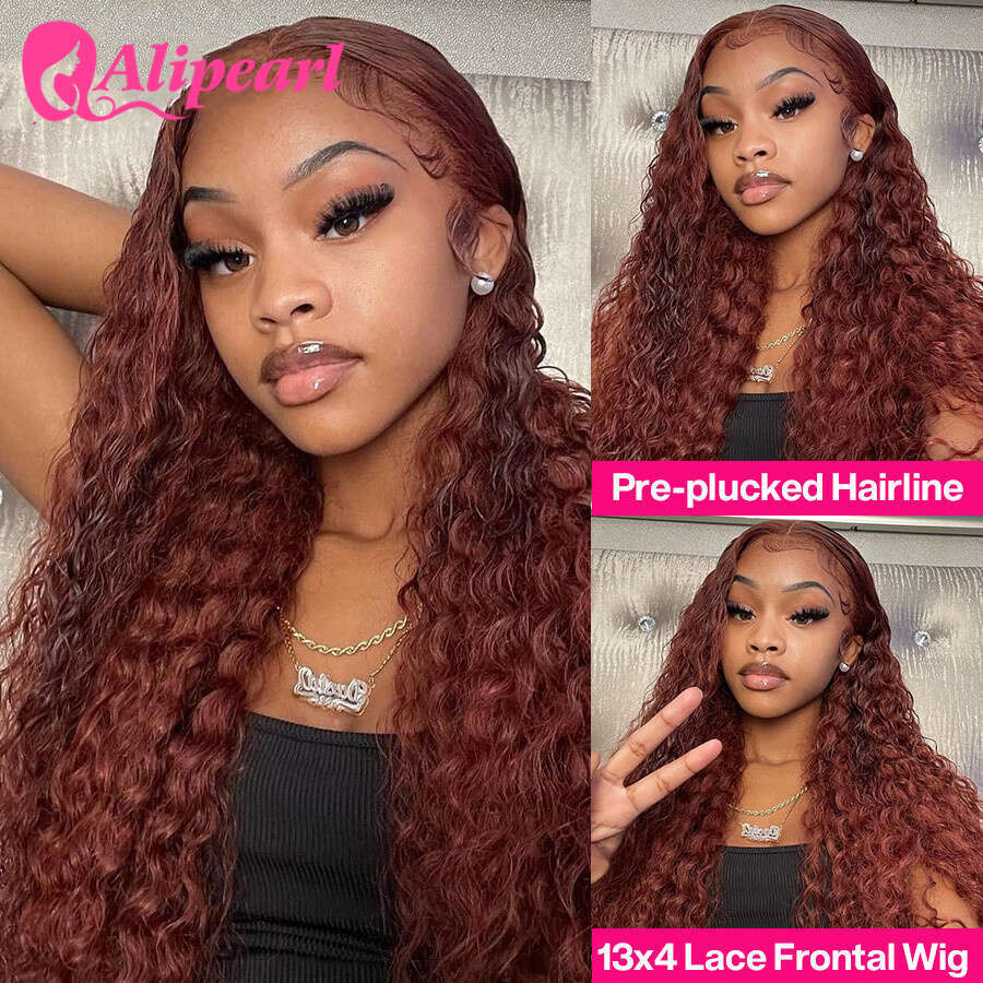 Alipearl Kinky Curly Human Hair Wigs Reddish Brown Transparent 13X4 Lace Front Preplucked For Women Peruvian Wig