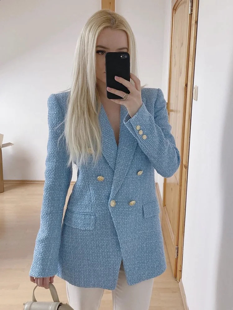 Women Fashion Blue Tweed Blazer Jacket Office Lady Double Breasted Pockets Vintage Female Coat Chic Streetwear Traje 240812