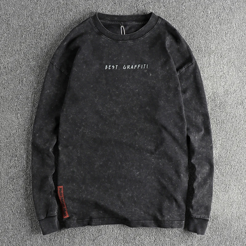 Simple letter printing American retro trend loose long-sleeved T-shirt men heavy old wash cotton base shirt 240812