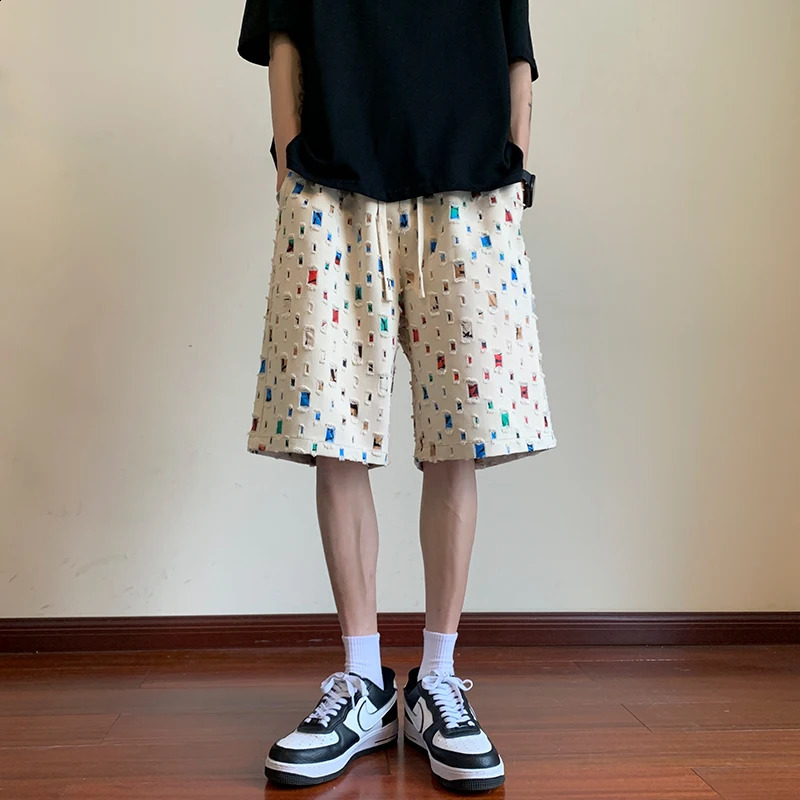 Summer Cotton Shorts Men Colorful Plaid Shorts Men Streetwear Hip-hop Loose Hollow Out Shorts Mens Beach Shorts Large Size 5XL 240812