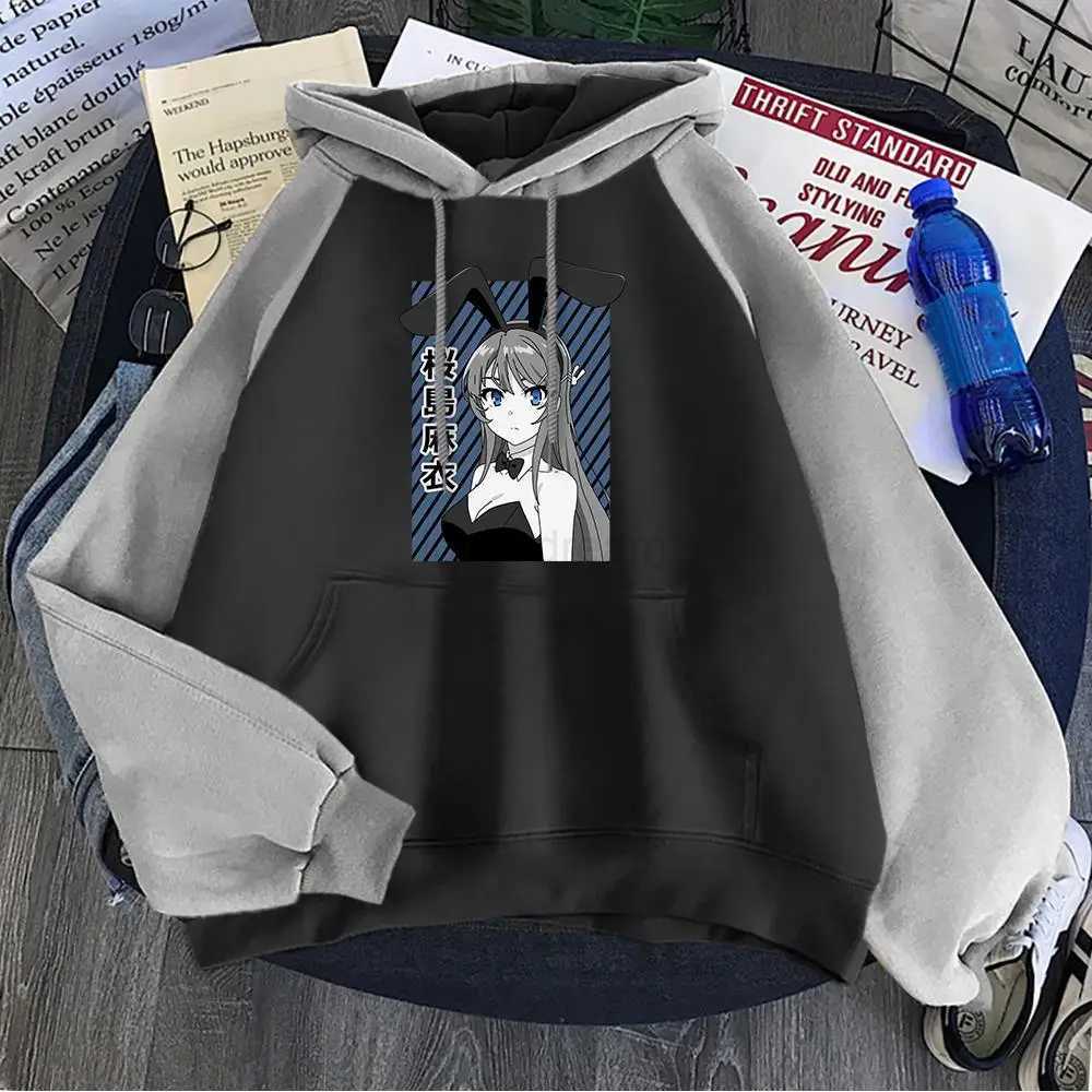Korean Style Men Hoodie Love Novel Sakurajima Mai Bunny Girl Print Pullovers Warm Splicing Sweatshirts Fleece Pocket StreetwearsXJ240812