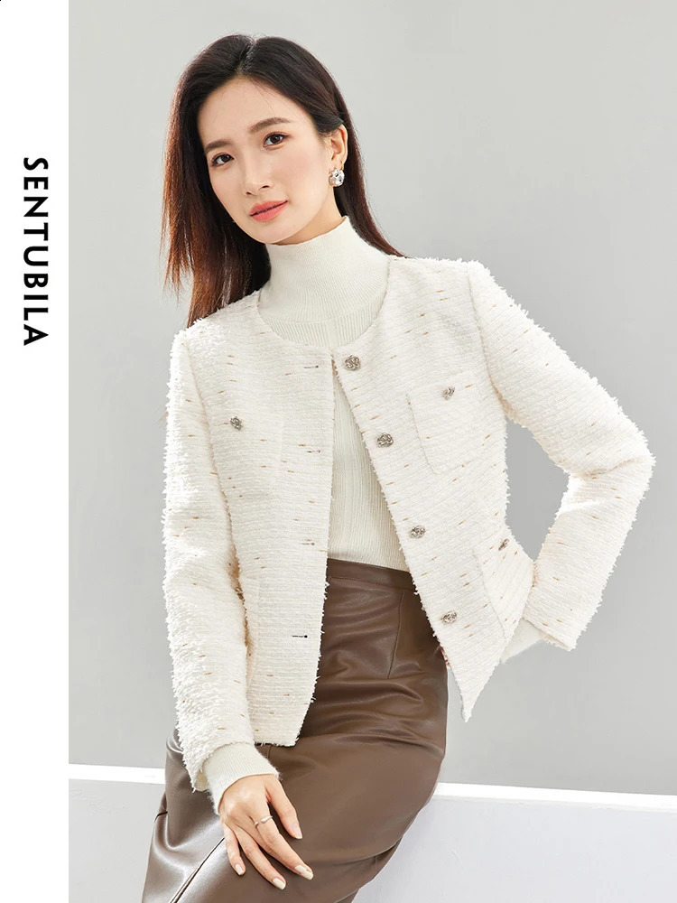 SENTUBILA Spring Autumn Women White Tweed Jackets Fashion Multi-pocket Straight-cut Long Sleeve Short Coat Female 141W52780 240812