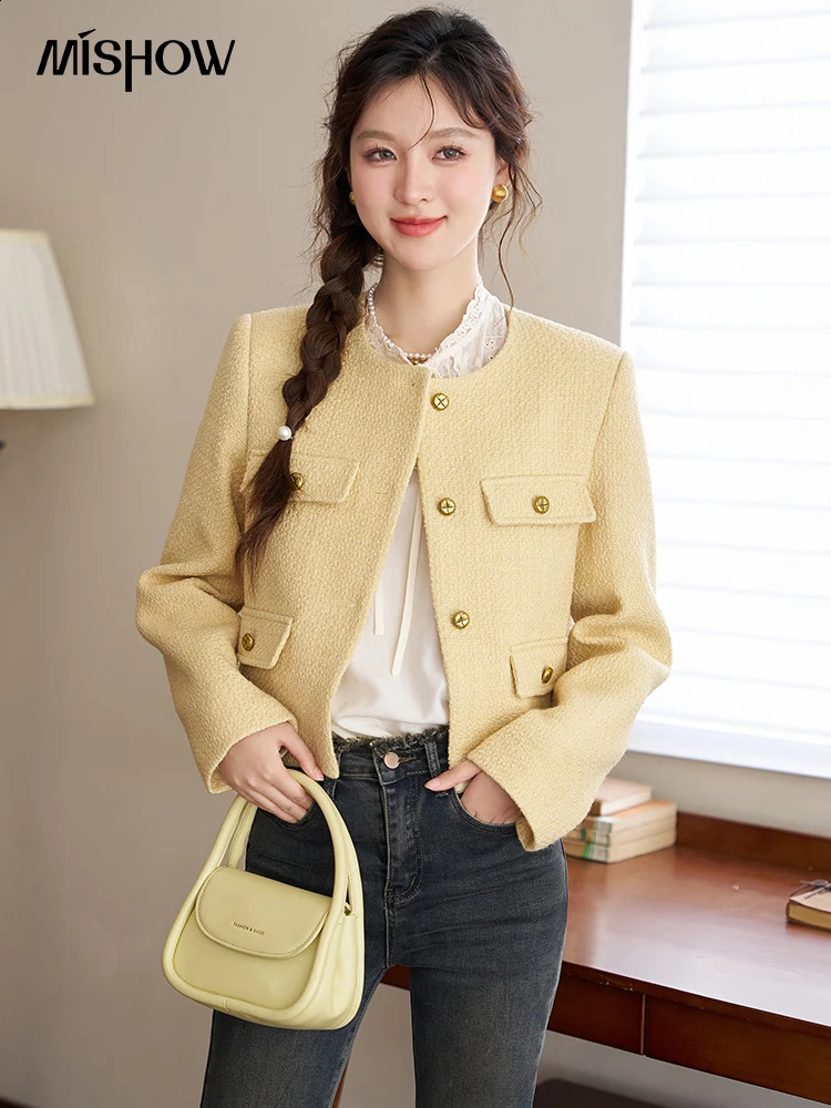 MISHOW Womens Wool Blend Tweed Short Coat Spring Autumn Woolen Cropped Sweet Solid Jacket Elegant Temperament Tops MXC44W0073 240812