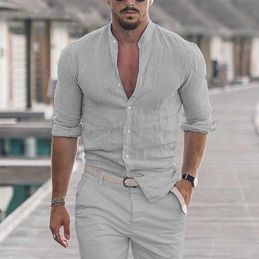 Mens Cotton Linen Shirts Madarin Neck Solid Color Long Sleeve Loose Top Spring Autumn Fashion ShirtXJ240812