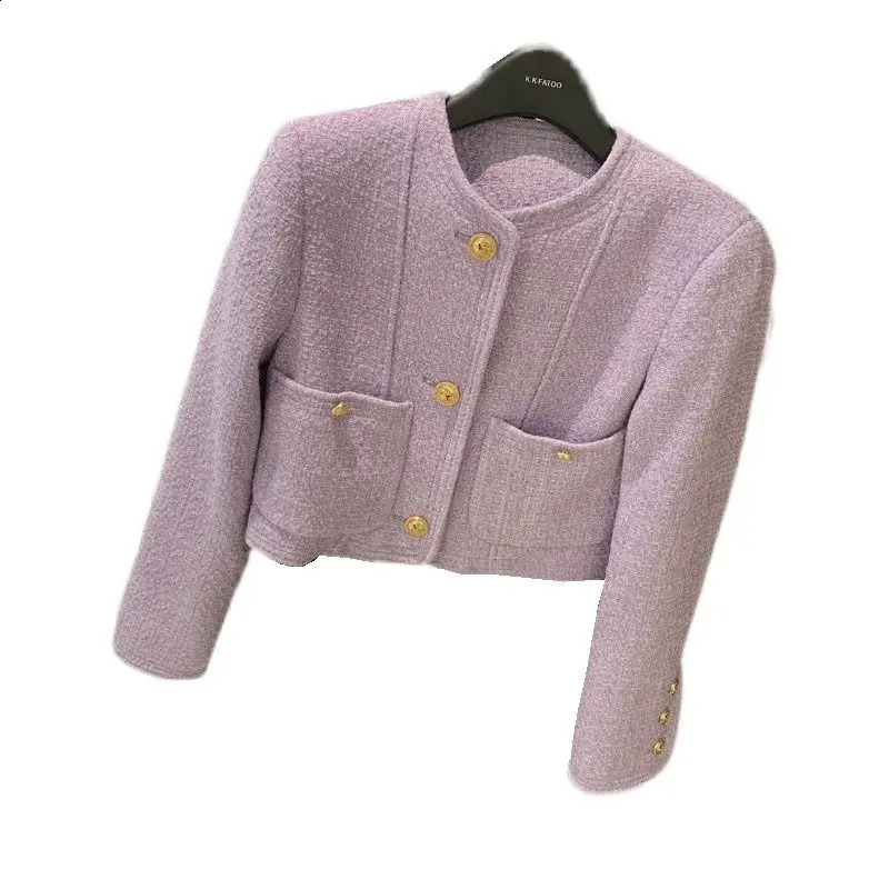 GkyocQ Korean Fashion Women Tweed Coat Candy Color Elegant O Neck Long Sleeve Buttons Short Basic Coats Jacket Outwear 240812