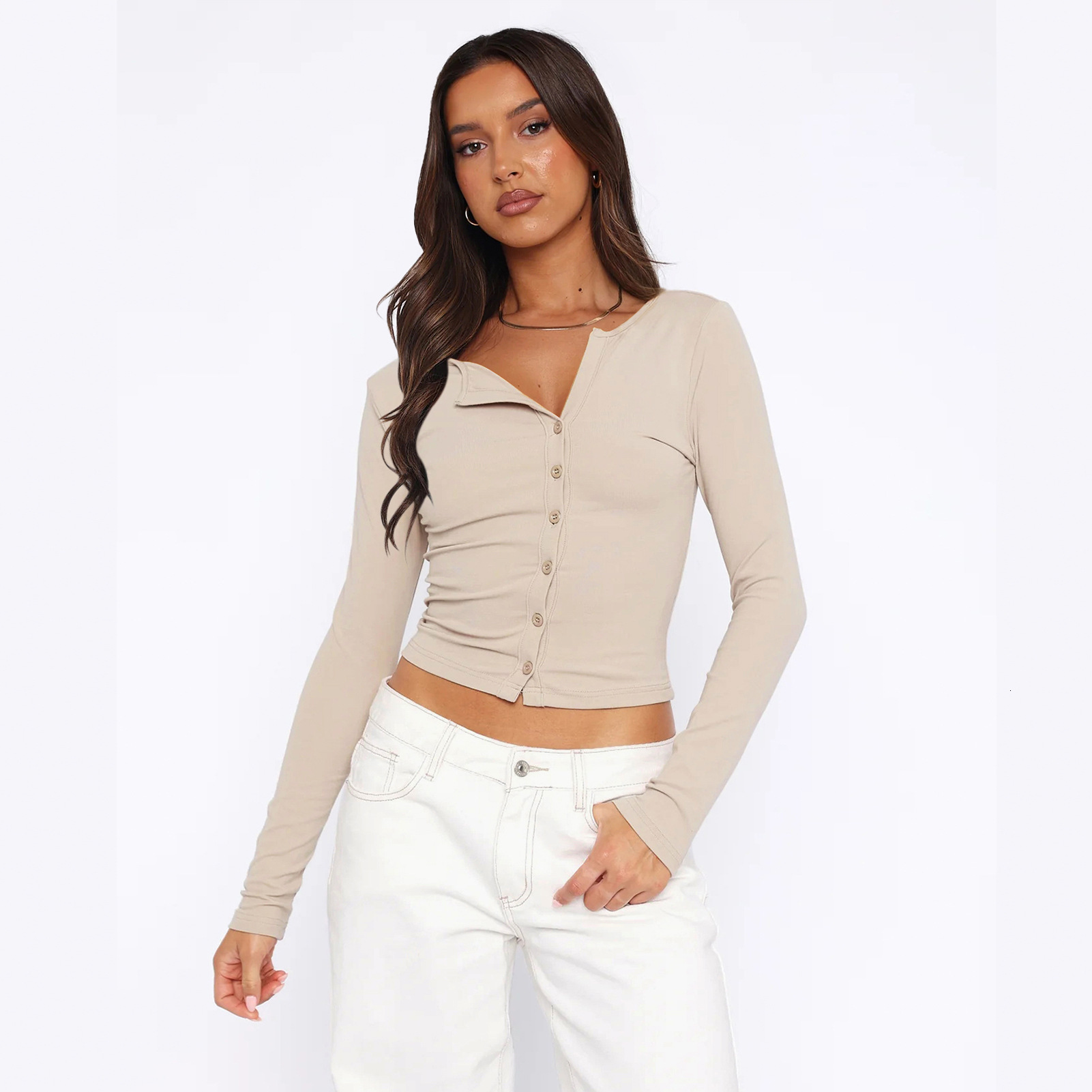 Autumn and winter solid color soft button short jacket long sleeved slim fit style top cardigan fashionable women's clothing dongdumaoyi