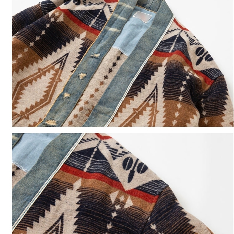 ABOORUN Men Retro Cardigan Robe National Denim Patches Jackets Streetwear Coat for Male 240810CJ