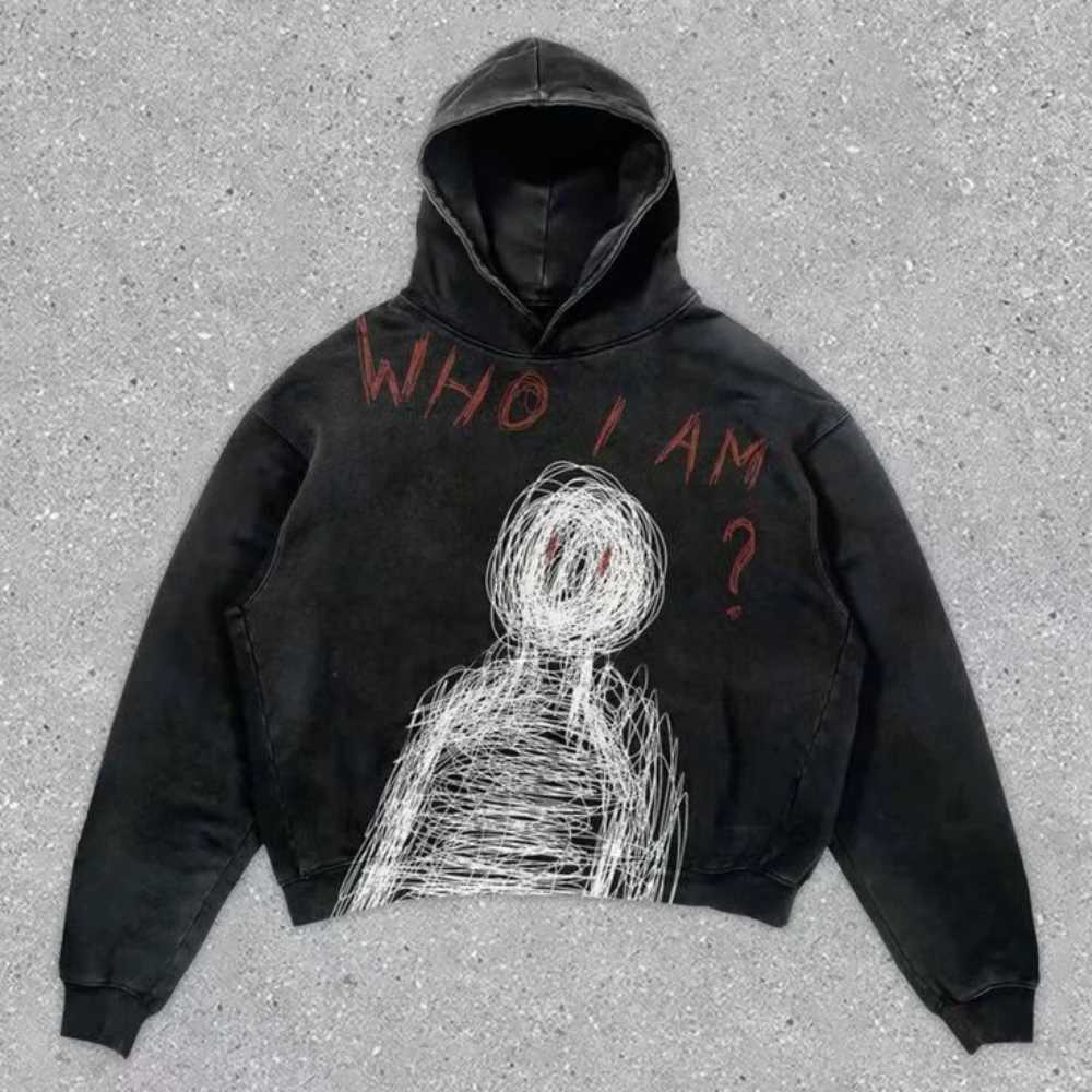 Personalized street diy portrait large print hoodie 2024 men and women who am I letters casual loose y2k black clothes harajuku CL240812