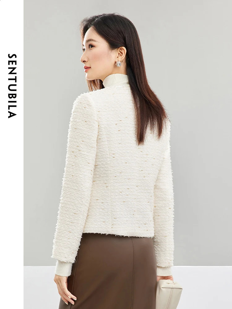 SENTUBILA Spring Autumn Women White Tweed Jackets Fashion Multi-pocket Straight-cut Long Sleeve Short Coat Female 141W52780 240812
