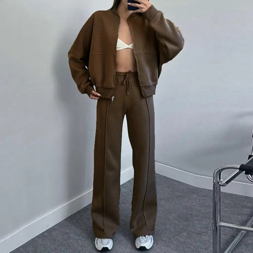 Women Loose Fit Suit Womens 2-piece Tracksuit Set with Stand Collar Coat Wide Leg Pants Solid Color Zipper Closure for Casual 240812