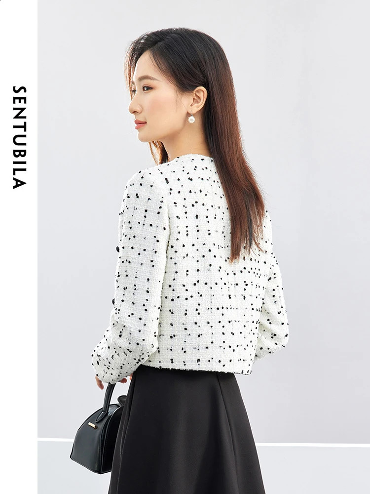 SENTUBILA Black Dot Cropped Tweed Jacket Women Spring Autumn Outerwear Elegant Long Sleeve Square Collar Coat 141W52942 240812