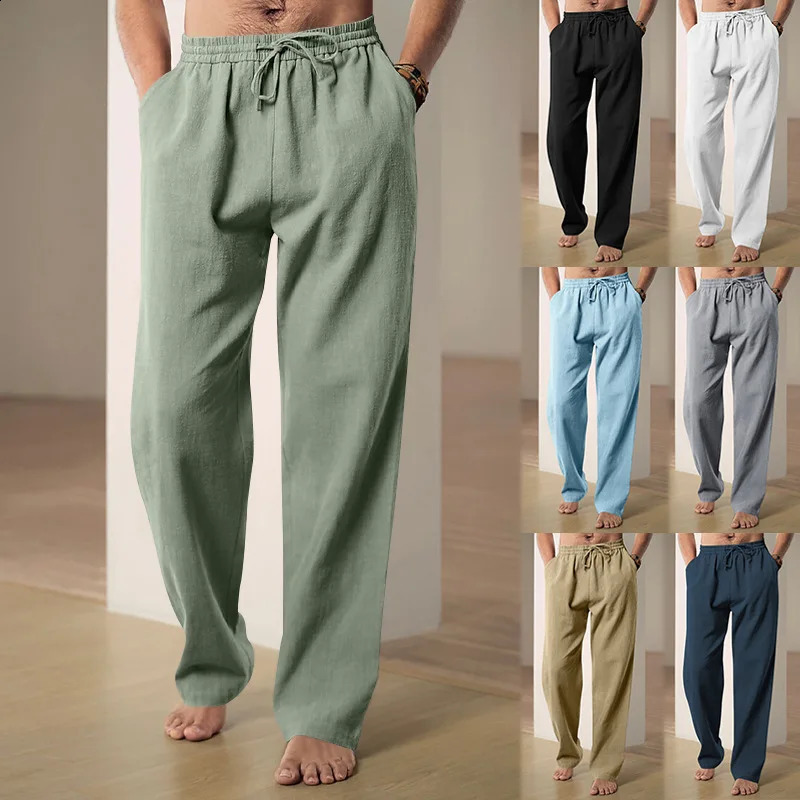 Mens Cotton Linen Long Pants Summer Solid Color Breathable Linen Trousers Male Casual Elastic Waist Casual Pants Harajuku Trous 240812