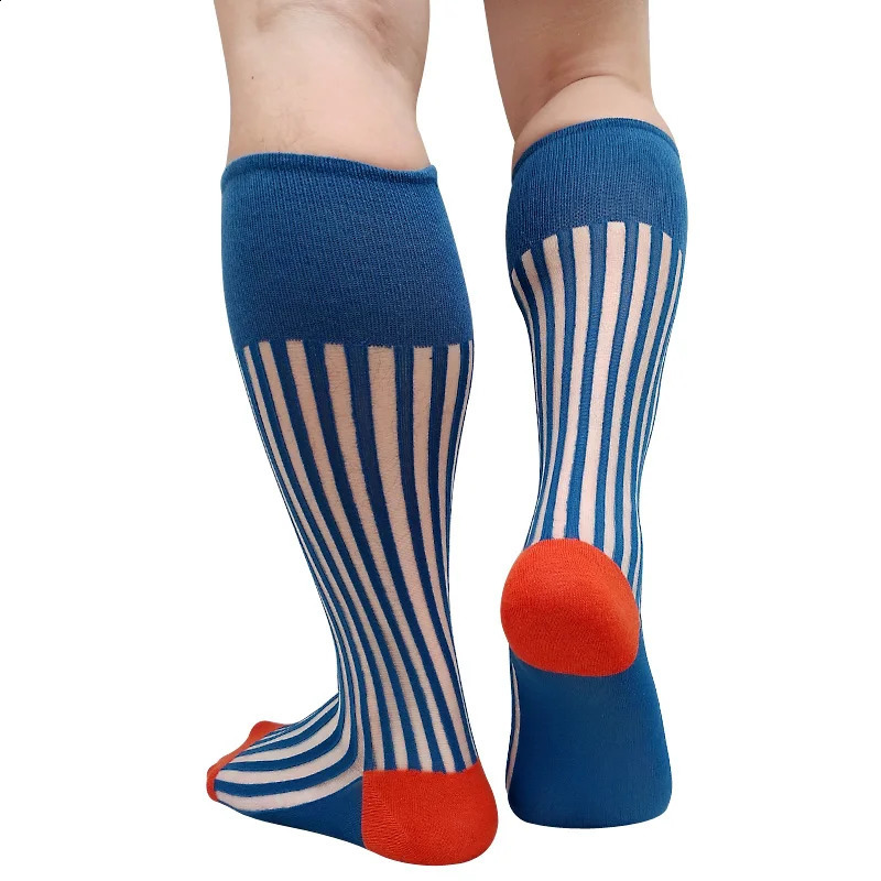 See Through Striped Mens Formal Socks Over the Calf Dress Suit Male Sexy Stocking Lingerie Business Long Tube Hose Softy Funny 240812
