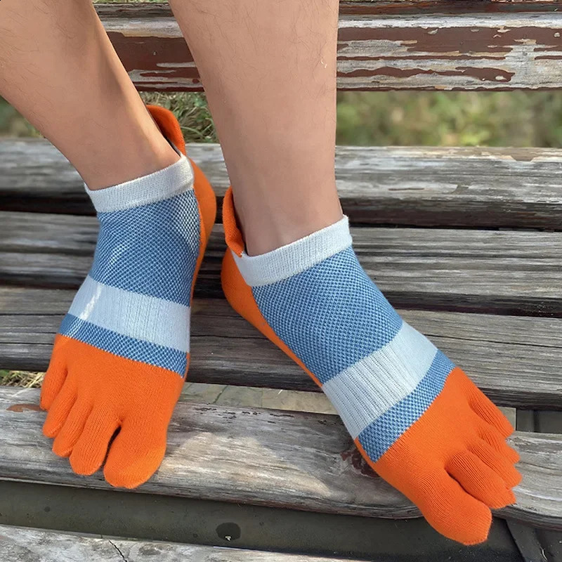 5 Pairs Large Size 5 Finger Socks Ankle Sport Cotton Mens Striped Mesh Breathable Shaping Anti Friction No Show Toes Socks 240812