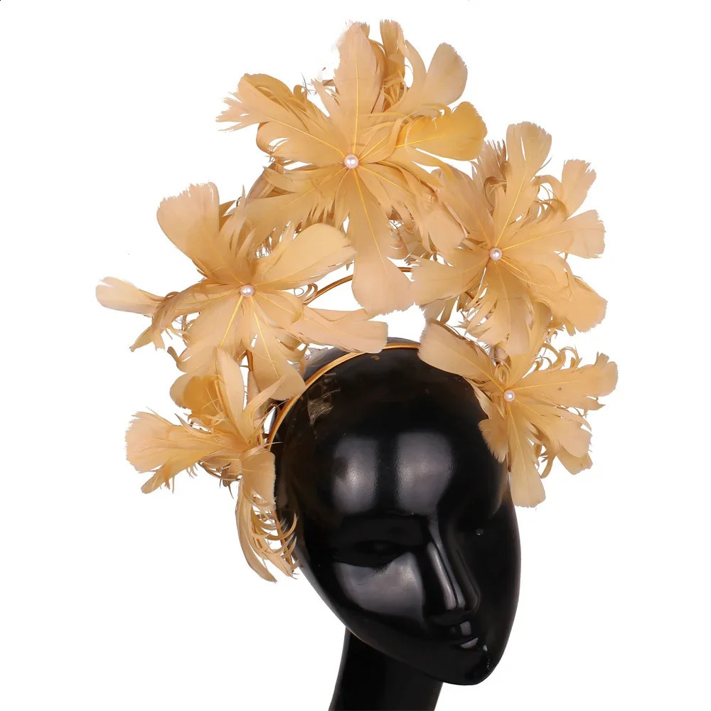Feather Flower Women Headdress Small Top Hat Fancy Hair Hoop Pearl Hair Headpieces Millinery 240808