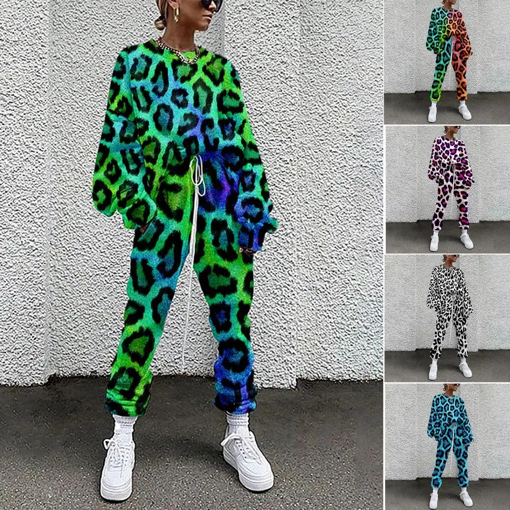 2Pcs/Set Stylish Women Tracksuit Washable Women Top Pants Leopard Relaxed Fit 3D Digital Print Outfit Tracksuit Streetwear 240812