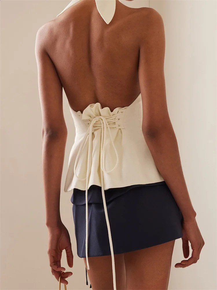 CHRONSTYLE Sexy Women Summer Fashion Tank Tops Solid Color Sleeveless Backless Tie-up Halter Off Shoulder Ruched Vest Streetwear 240812 - view 7