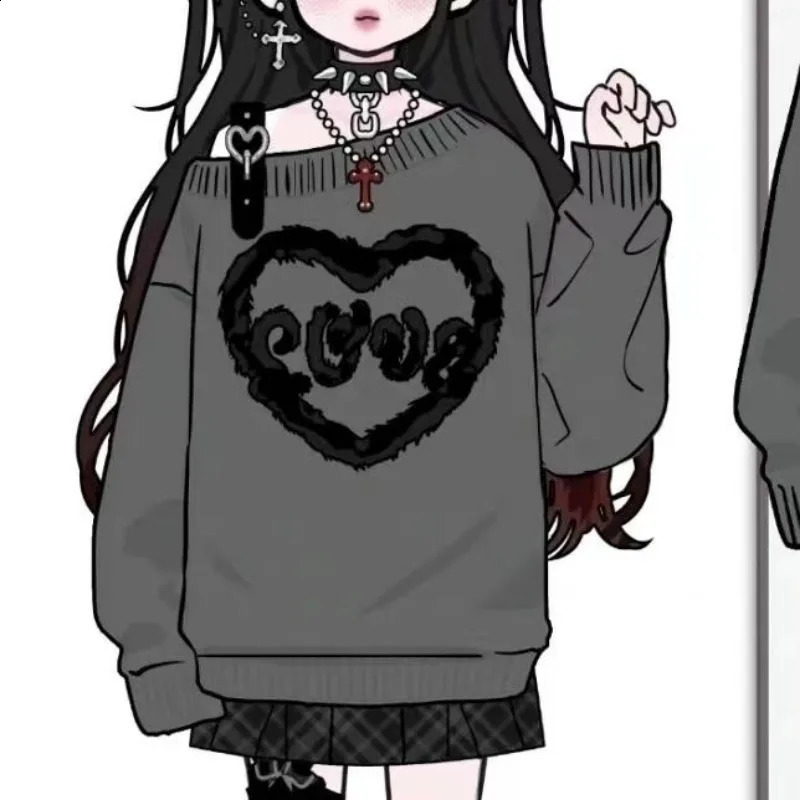 Grey Women Pullovers Sweaters Casaul Off The Shoulder Casual Harajuku Gothic Punk Jumpers Lloose Y2k Japanese Sweater 240812