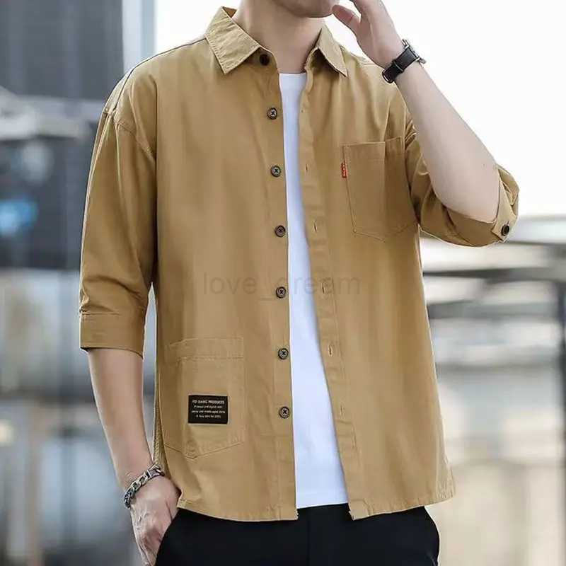 Solid Color Mens Casual Long Sleeve Lapel Casual Loose Handsome All-match Spliced Button Pockets Simplicity Three Quarter ShirtXJ240812