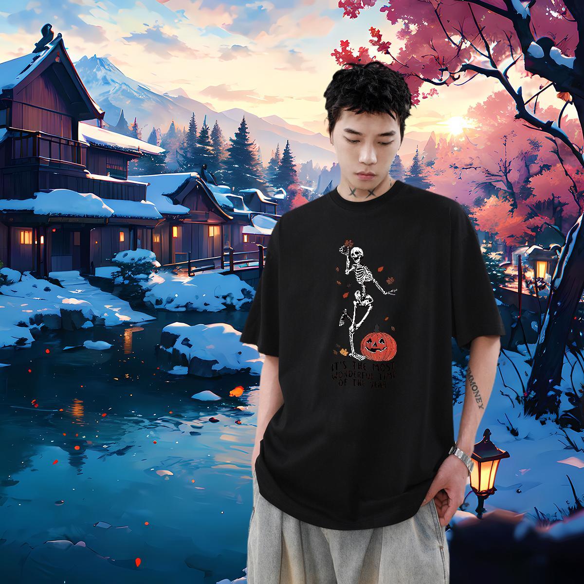 DIY Customized T-Shirts for Men pumpkin Tee Shirt 230g 100% Cotton Daily Wear Soft Floral Print Crew Neck Breathable Men Clothes T-Shirt