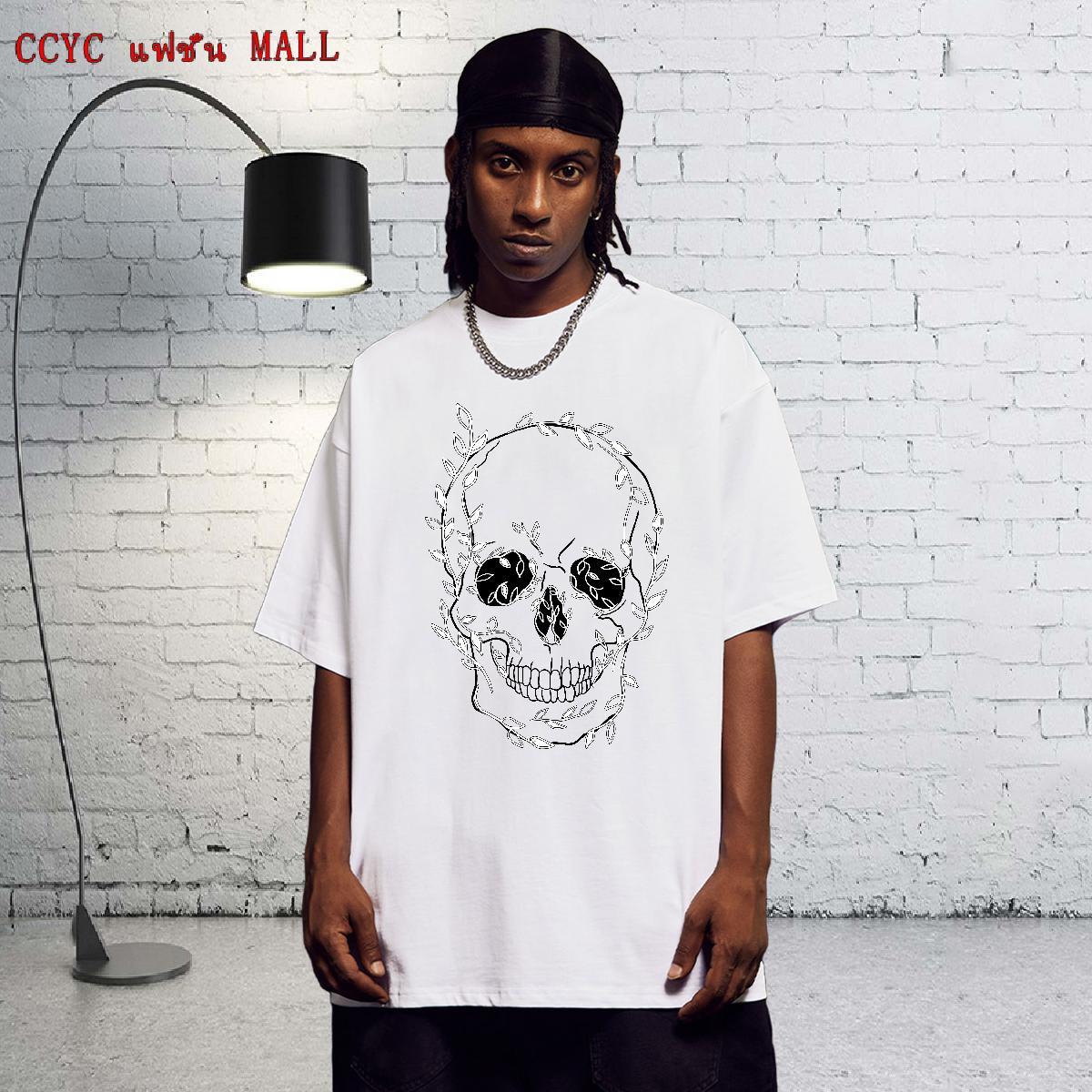 DIY Man T Shirts skull Tops Shirt 100% Cotton 230g High Street Hip Hop Loose Floral Print Breathable Crew Neck Men Clothes T-Shirt