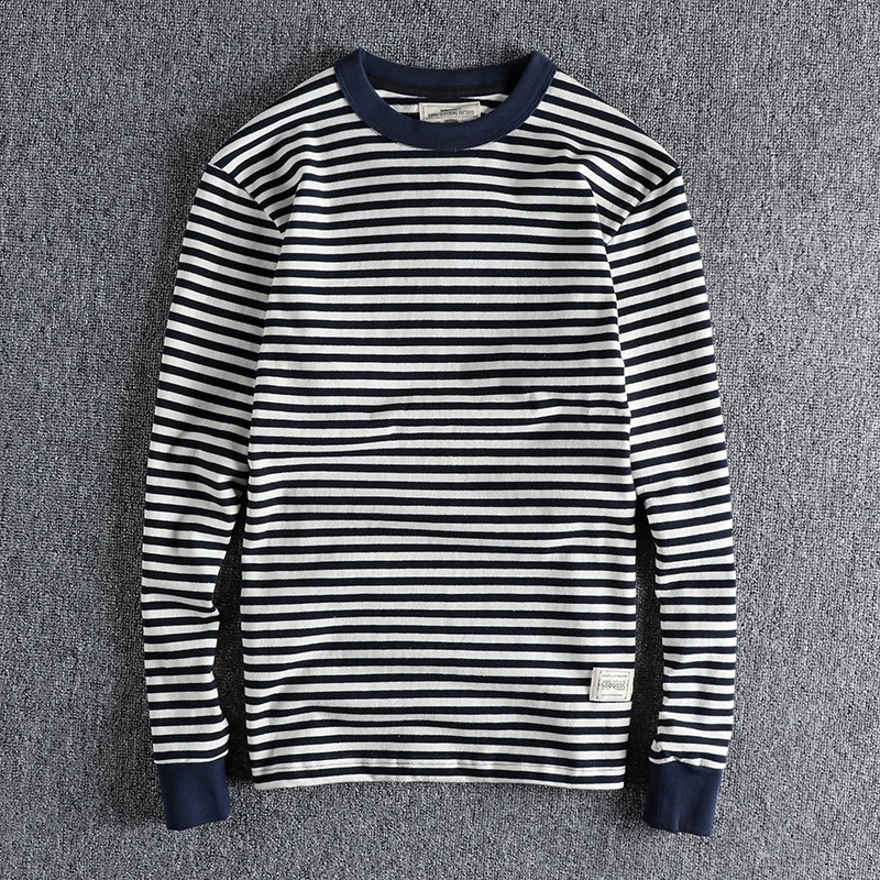 Autumn American Retro Long-sleeved O-neck Striped T-shirt Mens Fashion Simple 100% Cotton Washed Casual Sport Tops 240812