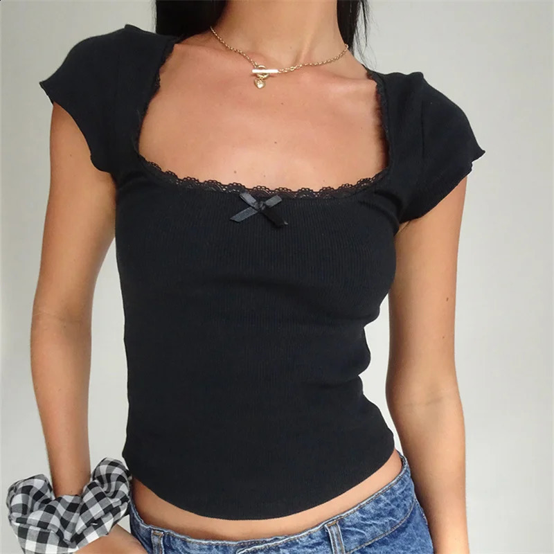 y2k Vintage Tee Cottage Lace Trim Knitted T-Shirt Summer Square Neck Short Sleeve Tee Shirt Women White Milkmaid Crop Top 240810