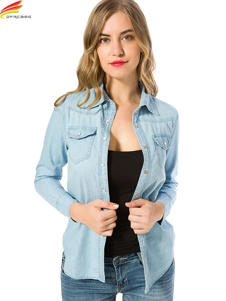 Autumn Denim Shirts Blouses Women Long Sleeve Top Sky Blue Color Single Buttons Elegant Korean Tops Shirts With Pockets 240812