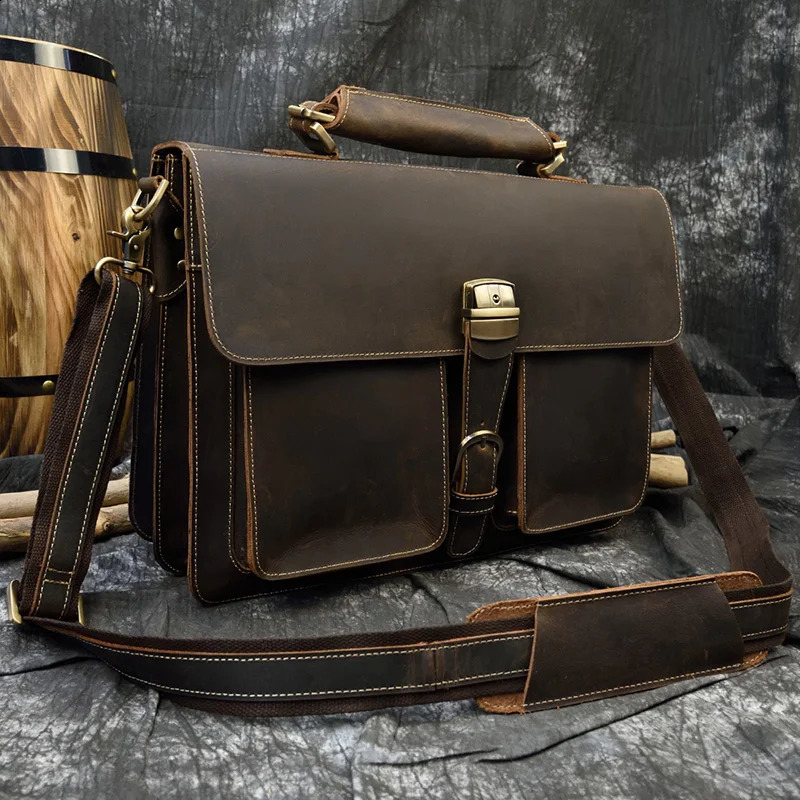 Fashionable retro large capacity leather mens briefcase top laptop bag crazy horse 15 inch computer messenger 240810
